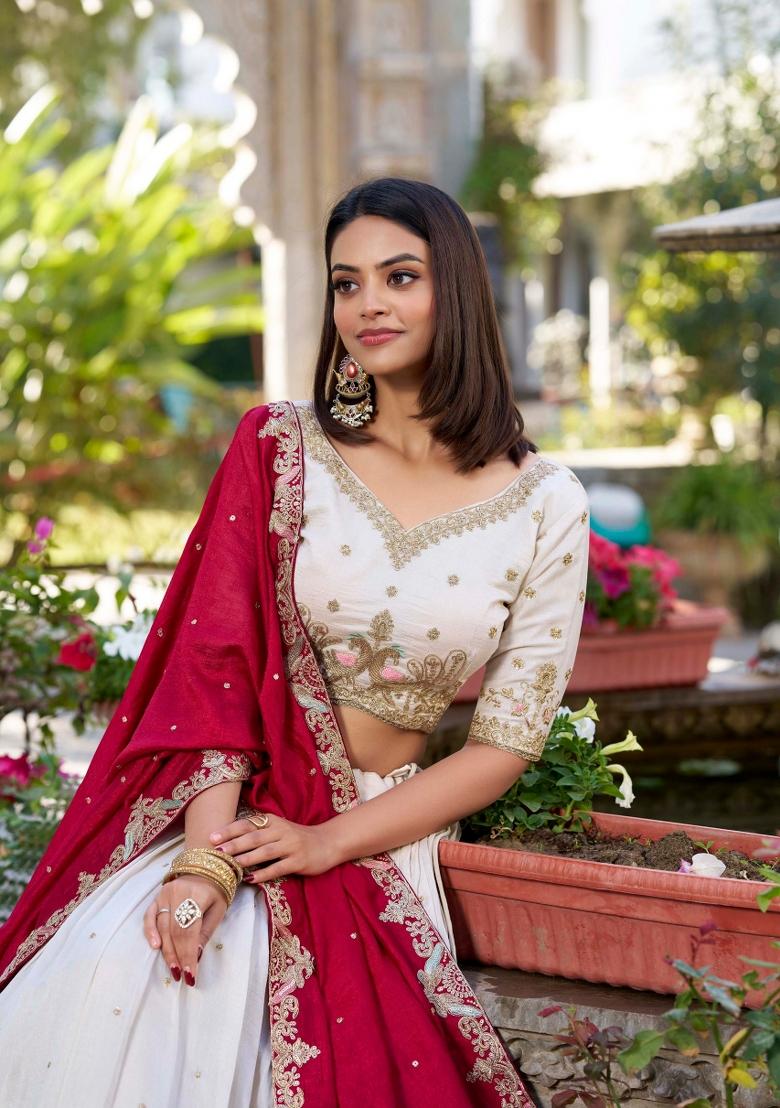 Beige Embroidered Silk Blend Lehenga Set - Indya