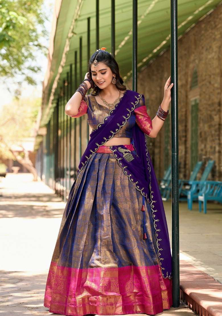 Blue Cotton Lehenga Set with Zari Work for Diwali | Wedding & Festive Wear - Indya