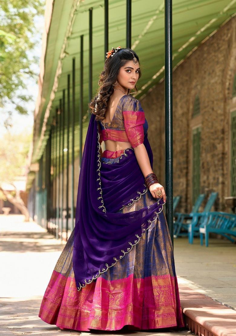Blue Zari Work Cotton Lehenga Set - Indya