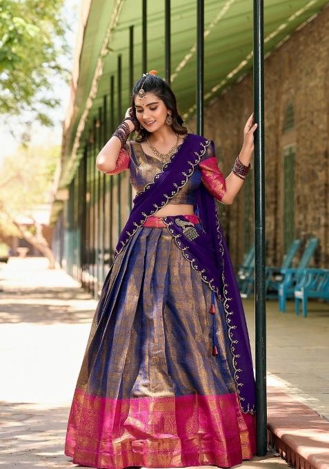 Blue Zari Work Cotton Lehenga Set
