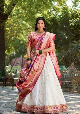 White Zari Work Silk Blend Lehenga Set