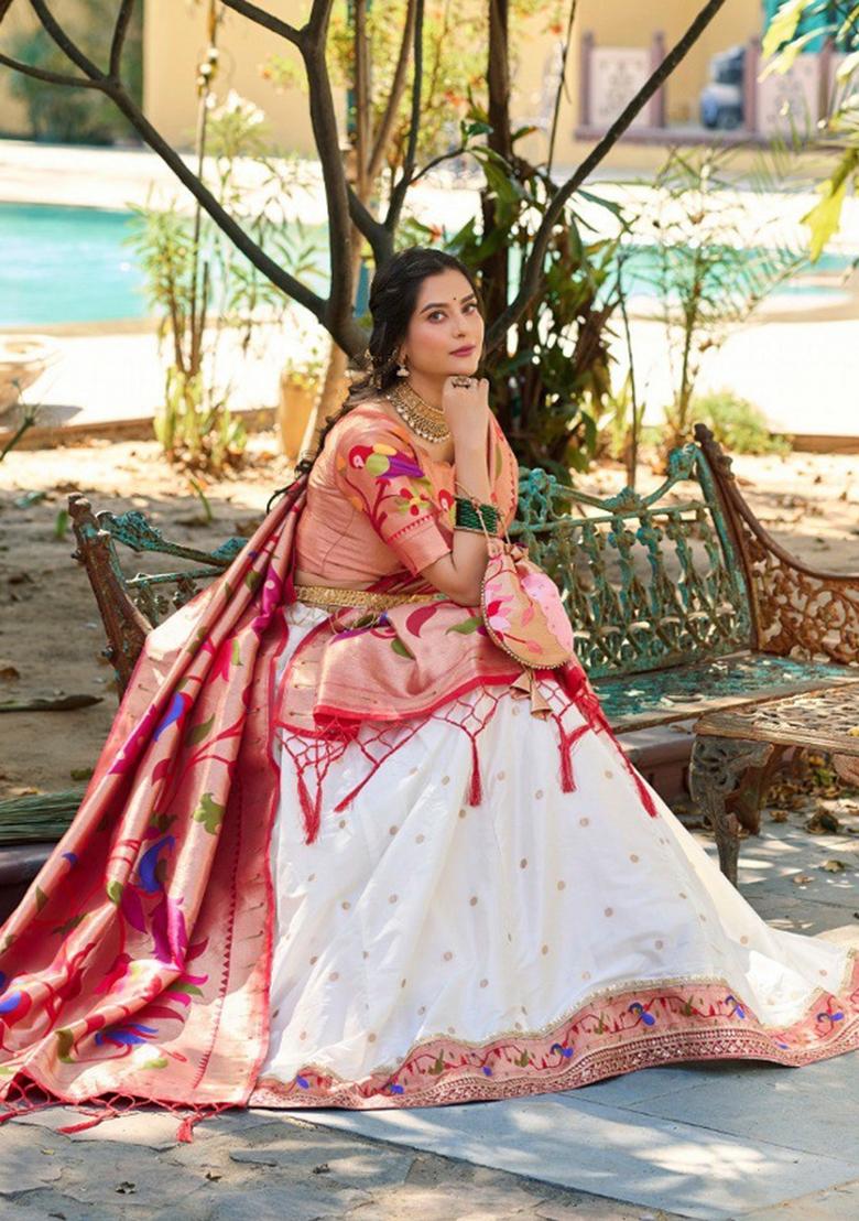 White Zari Work Silk Blend Lehenga Set - Indya