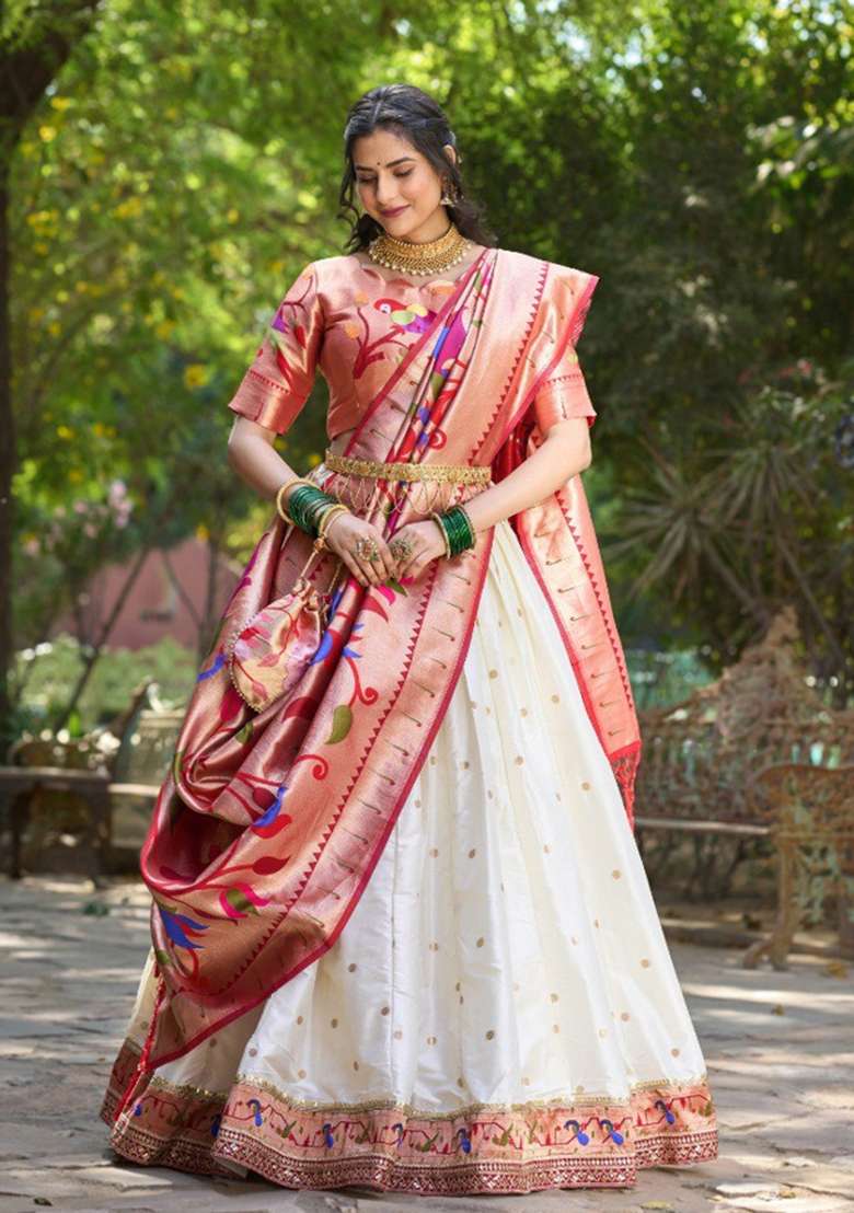 White Zari Work Silk Blend Lehenga Set for Diwali and Festive Wear - Indya