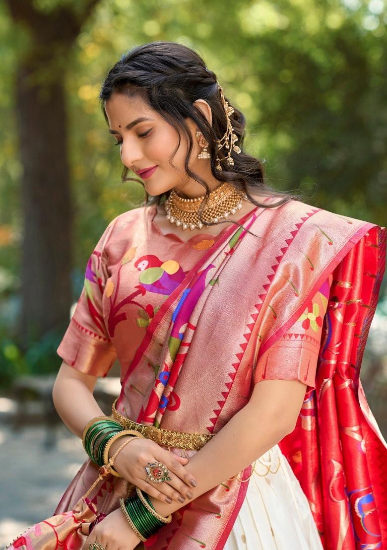 White Zari Work Silk Blend Lehenga Set - Indya