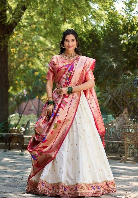 White Zari Work Silk Blend Lehenga Set