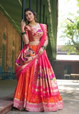 Orange Zari Work Silk Blend Lehenga Set