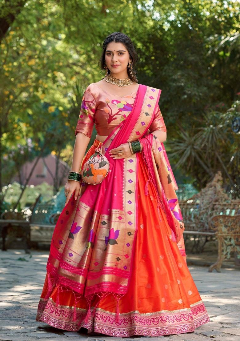 Orange Zari Work Silk Blend Lehenga Set - Indya