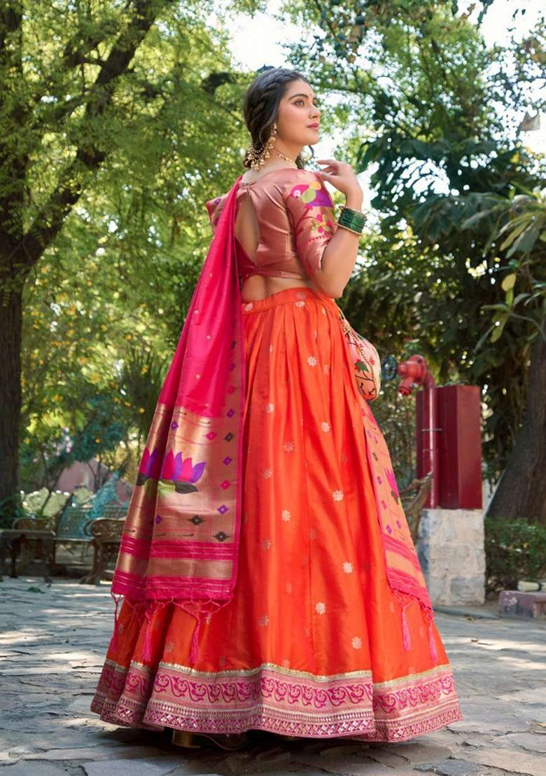 Orange Silk Blend Lehenga Set with Zari Work for Diwali | Wedding & Festive Wear - Indya