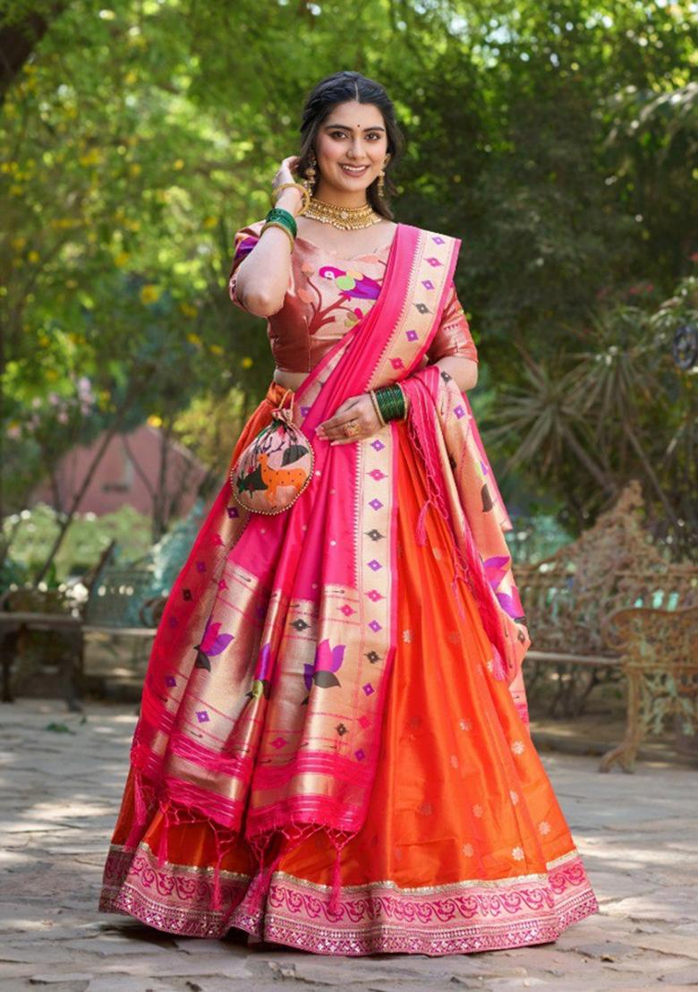 Orange Zari Work Silk Blend Lehenga Set - Indya