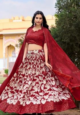 Red Floral Print Silk Blend Lehenga Set