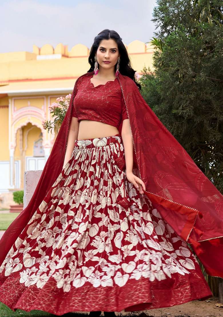 Red Silk Blend Lehenga Set with Floral Print for Diwali | Wedding & Festive Wear - Indya