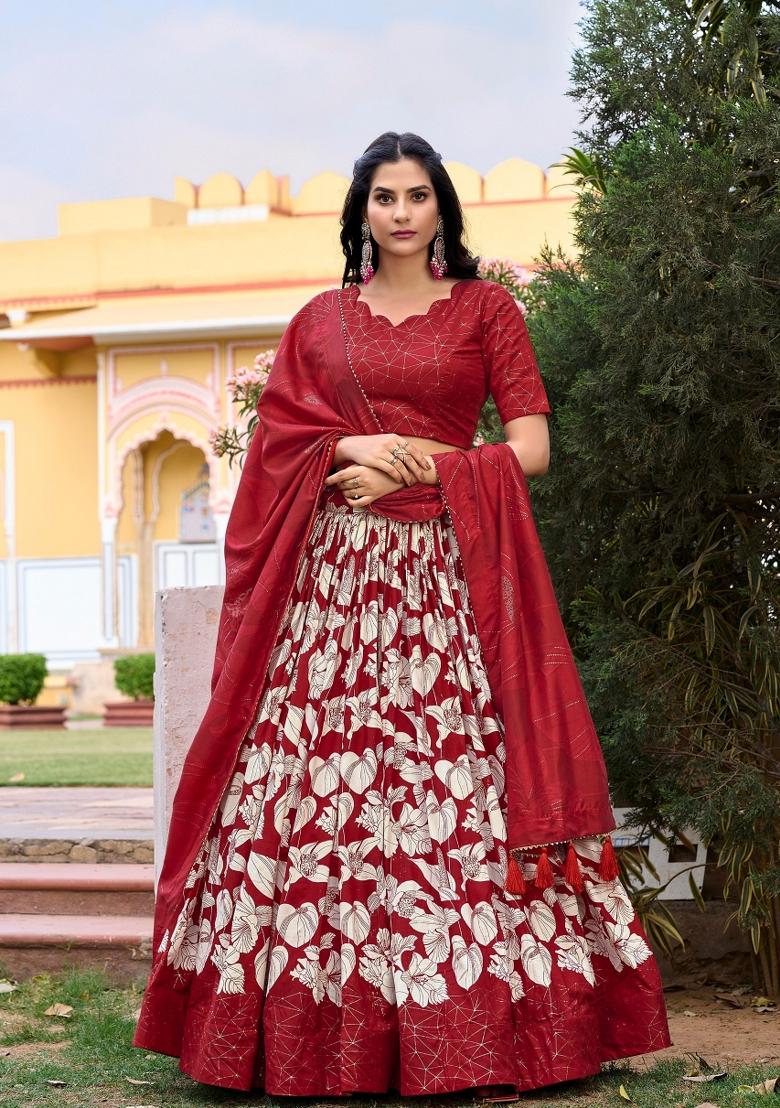 Red Floral Print Silk Blend Lehenga Set - Indya