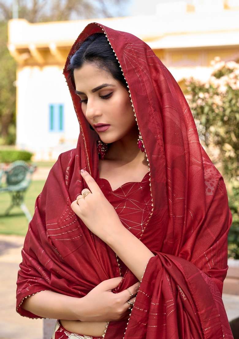Red Silk Blend Lehenga Set with Floral Print for Diwali | Wedding & Festive Wear - Indya