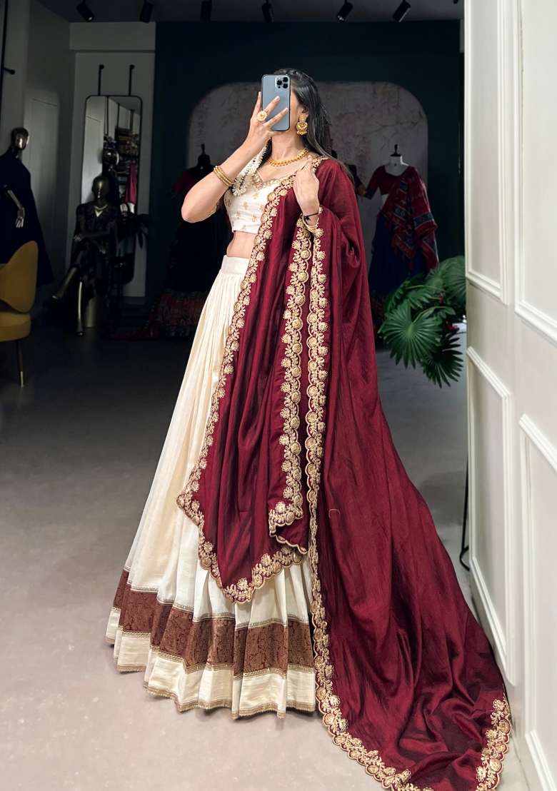 White Work Silk Blend Lehenga Set with Sequin for Diwali | Wedding & Festive Wear - Indya