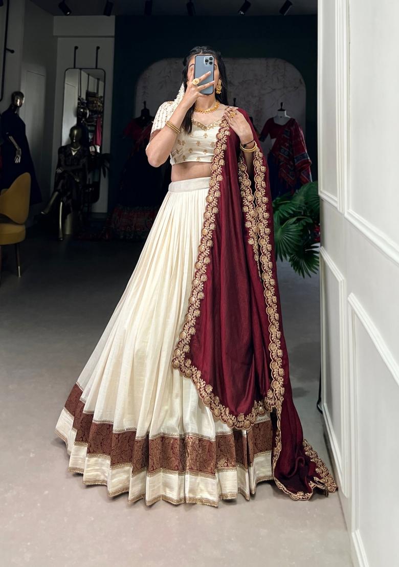 White Sequin Work Silk Blend Lehenga Set - Indya