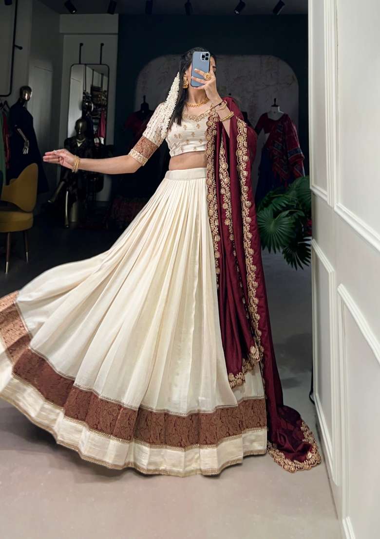 White Work Silk Blend Lehenga Set with Sequin for Diwali | Wedding & Festive Wear - Indya