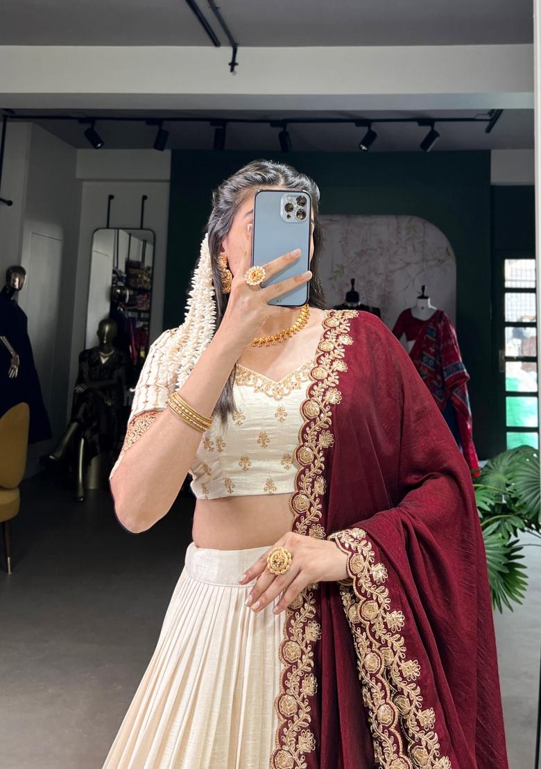 White Sequin Work Silk Blend Lehenga Set - Indya