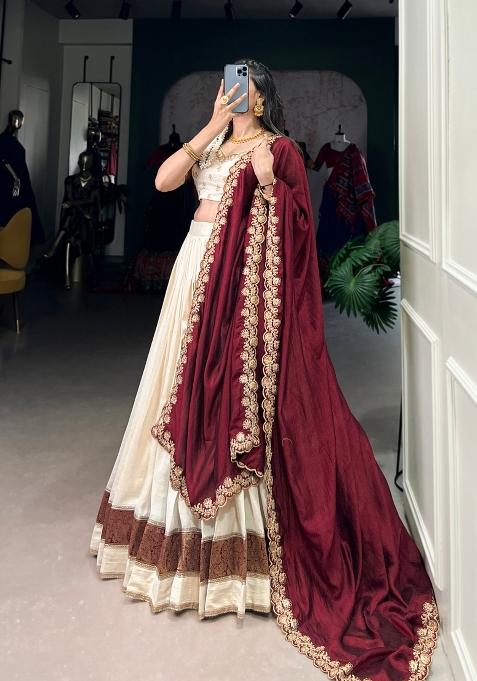 White Sequin Work Silk Blend Lehenga Set