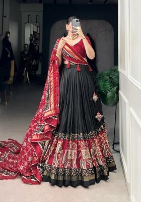 Black Printed Silk Blend Lehenga Set