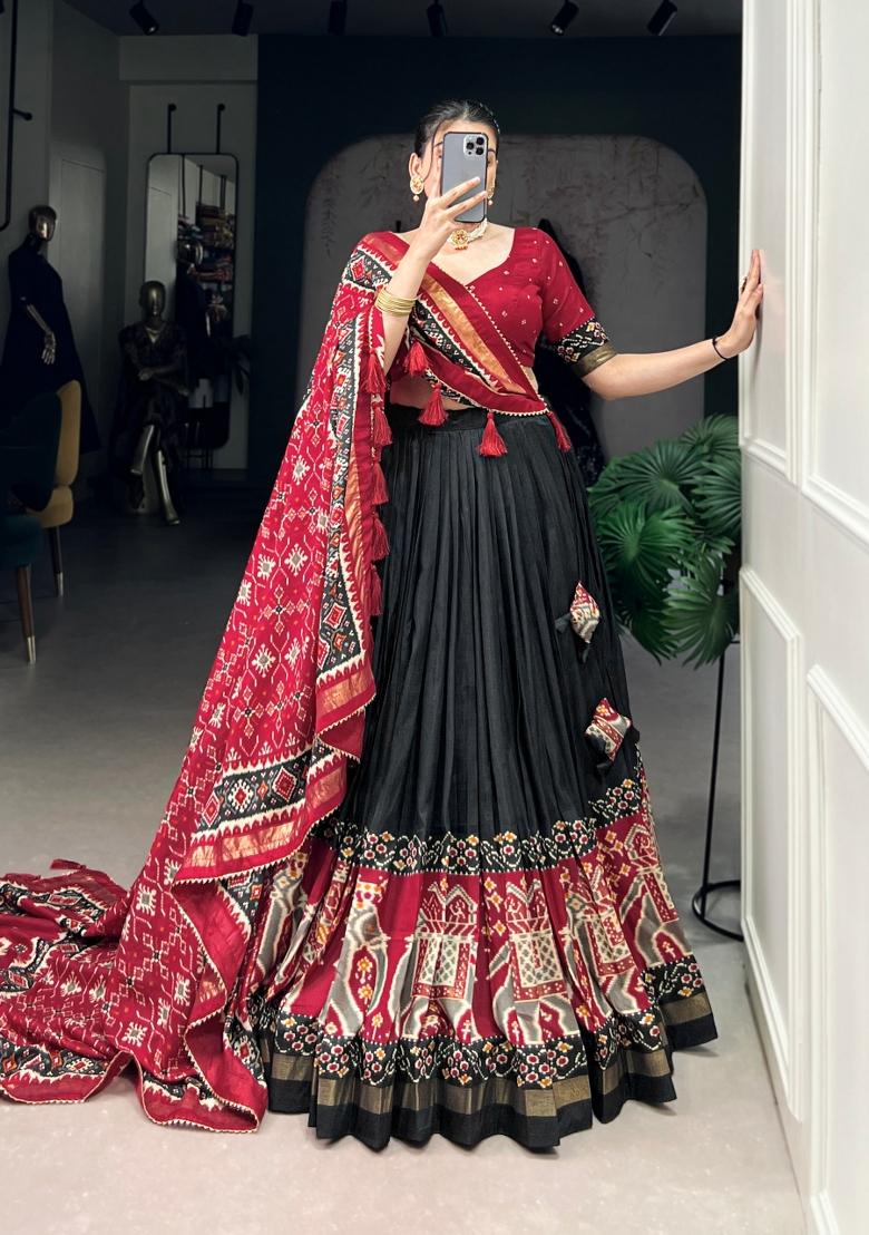 Black Printed Silk Blend Lehenga Set - Indya