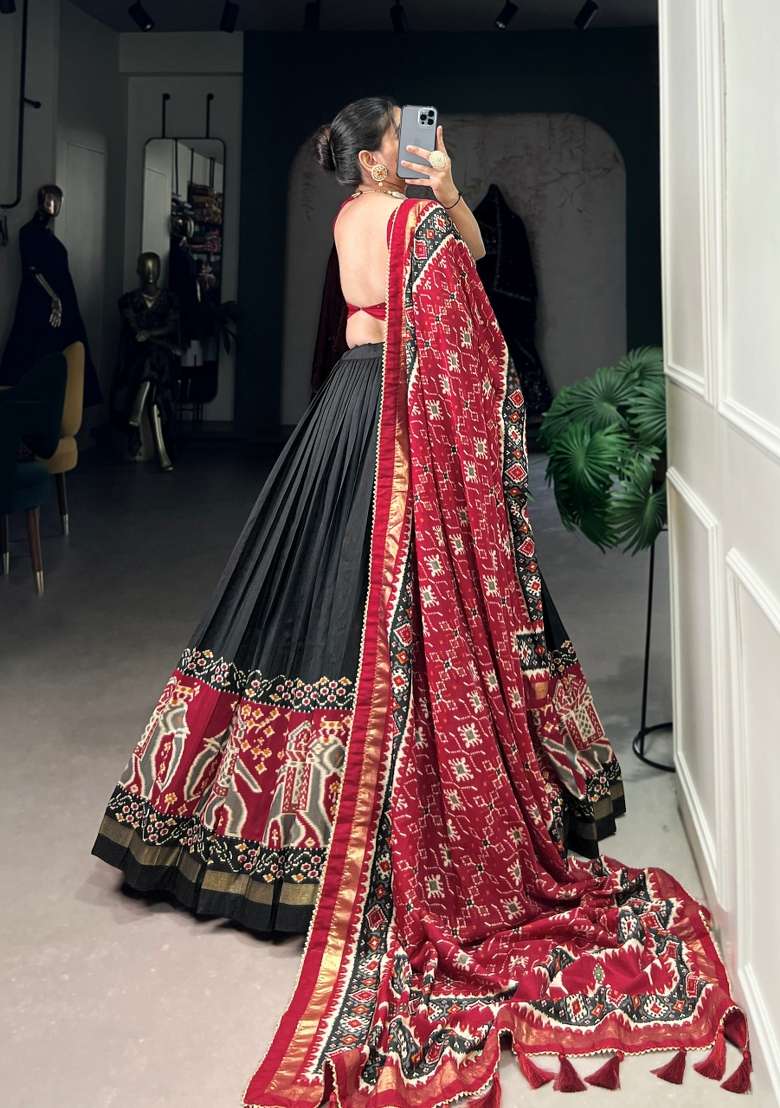 Black Printed Silk Blend Lehenga Set for Diwali and Festive Wear - Indya