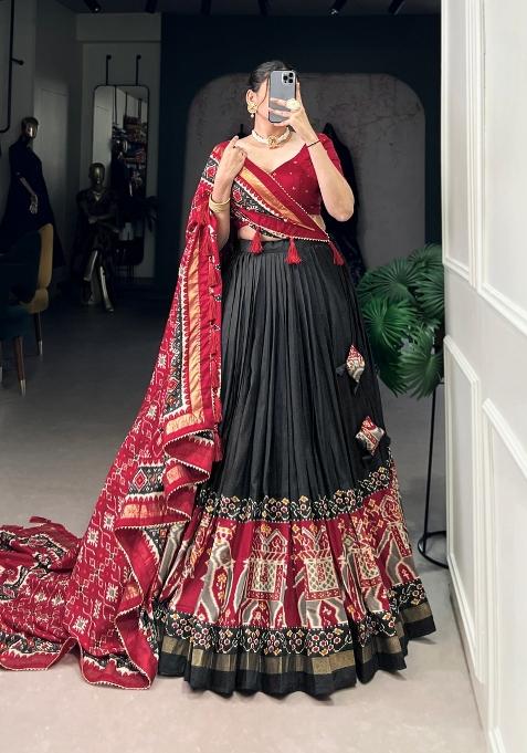 Black Printed Silk Blend Lehenga Set