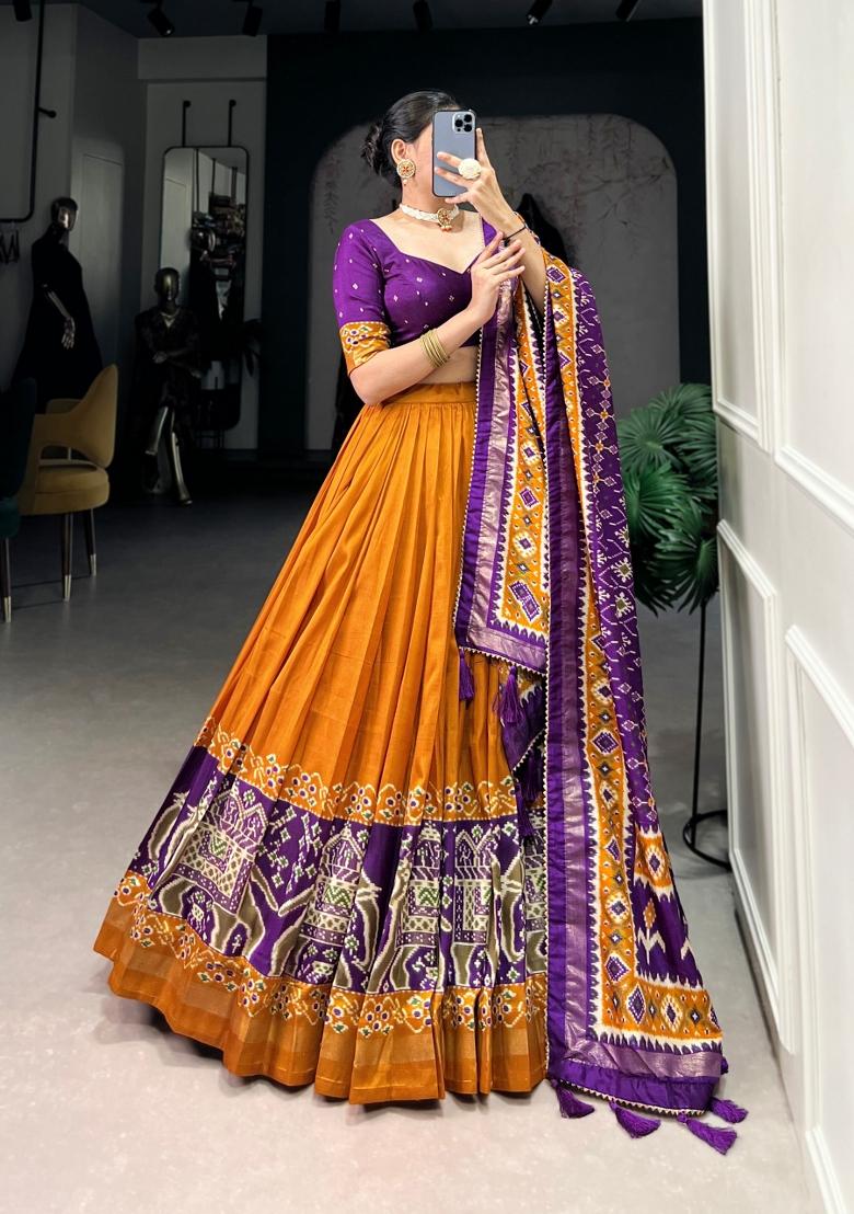 Mustard Printed Silk Blend Lehenga Set - Indya