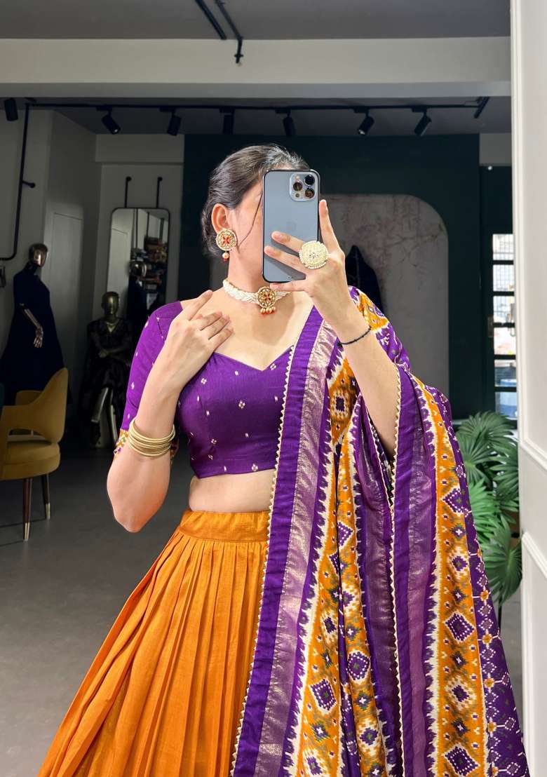 Mustard Printed Silk Blend Lehenga Set for Diwali and Festive Wear - Indya