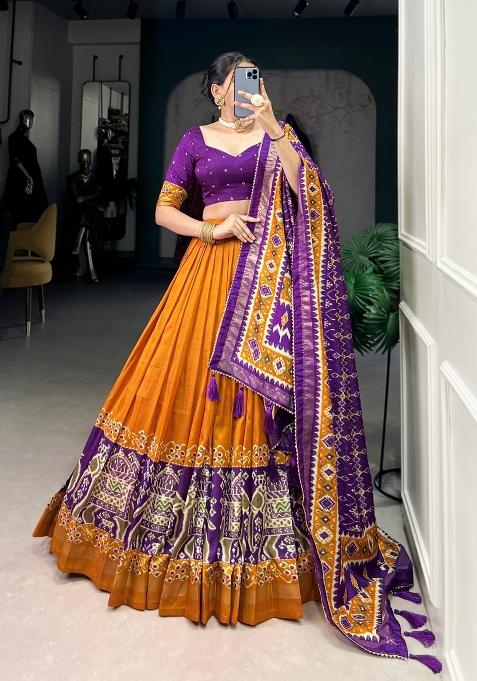 Mustard Printed Silk Blend Lehenga Set