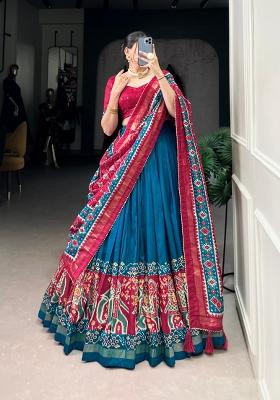 Teal Printed Silk Blend Lehenga Set
