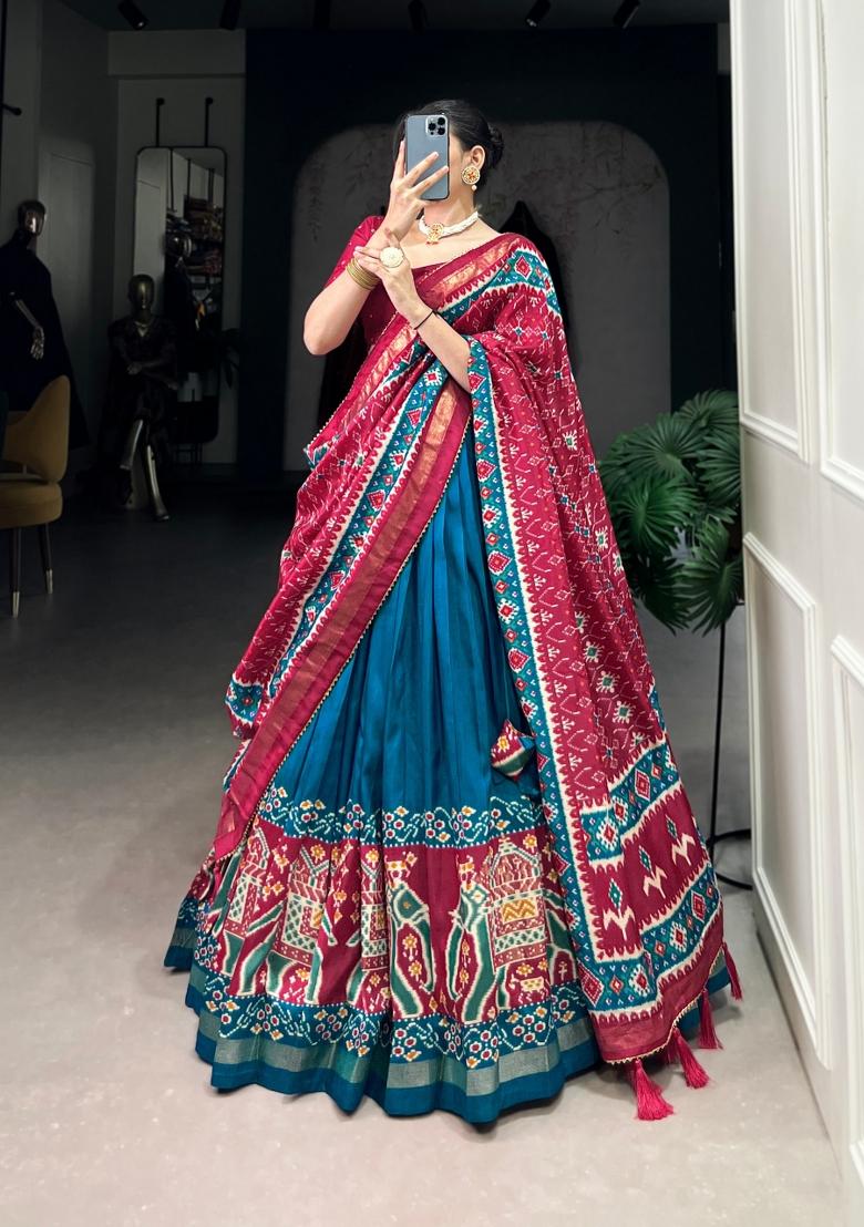 Teal Printed Silk Blend Lehenga Set - Indya