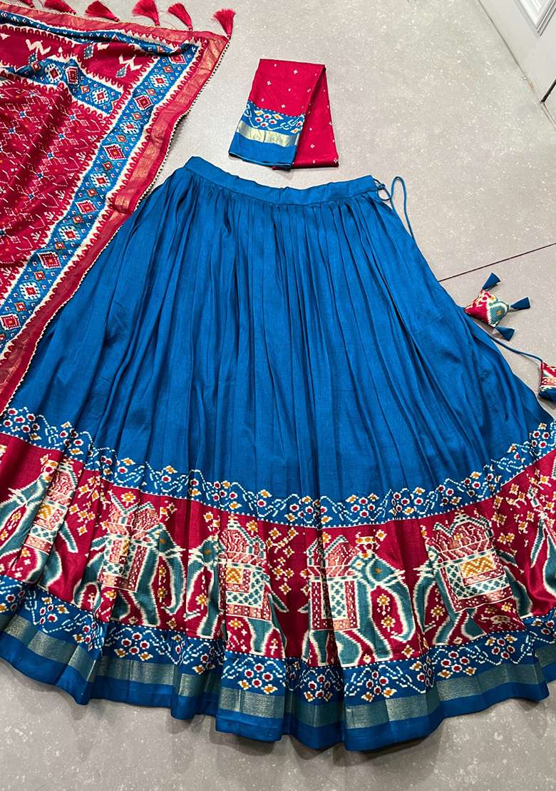 Teal Printed Silk Blend Lehenga Set for Diwali and Festive Wear - Indya