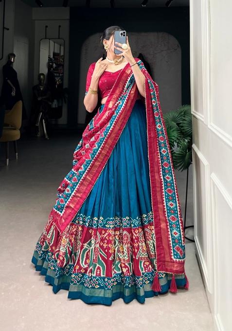 Teal Printed Silk Blend Lehenga Set
