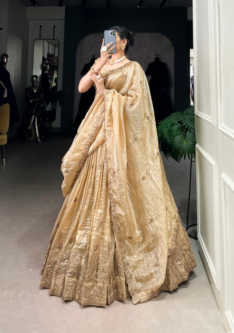 Cream Embroidered Silk Blend Lehenga Set - Indya