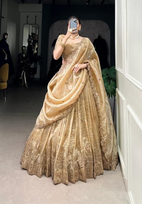 Cream Embroidered Silk Blend Lehenga Set