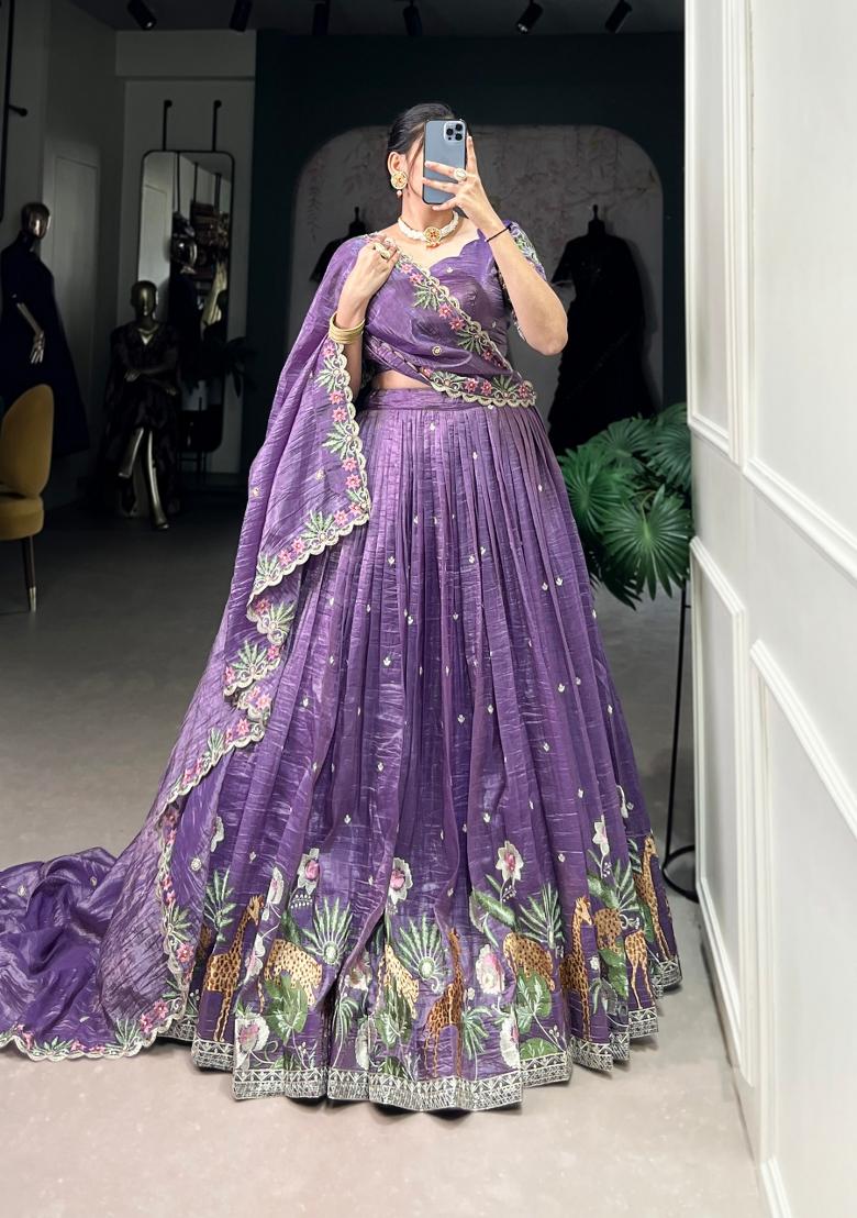 Lavender Embroidered Silk Blend Lehenga Set - Indya