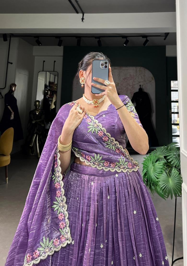 Lavender Embroidered Silk Blend Lehenga Set - Indya