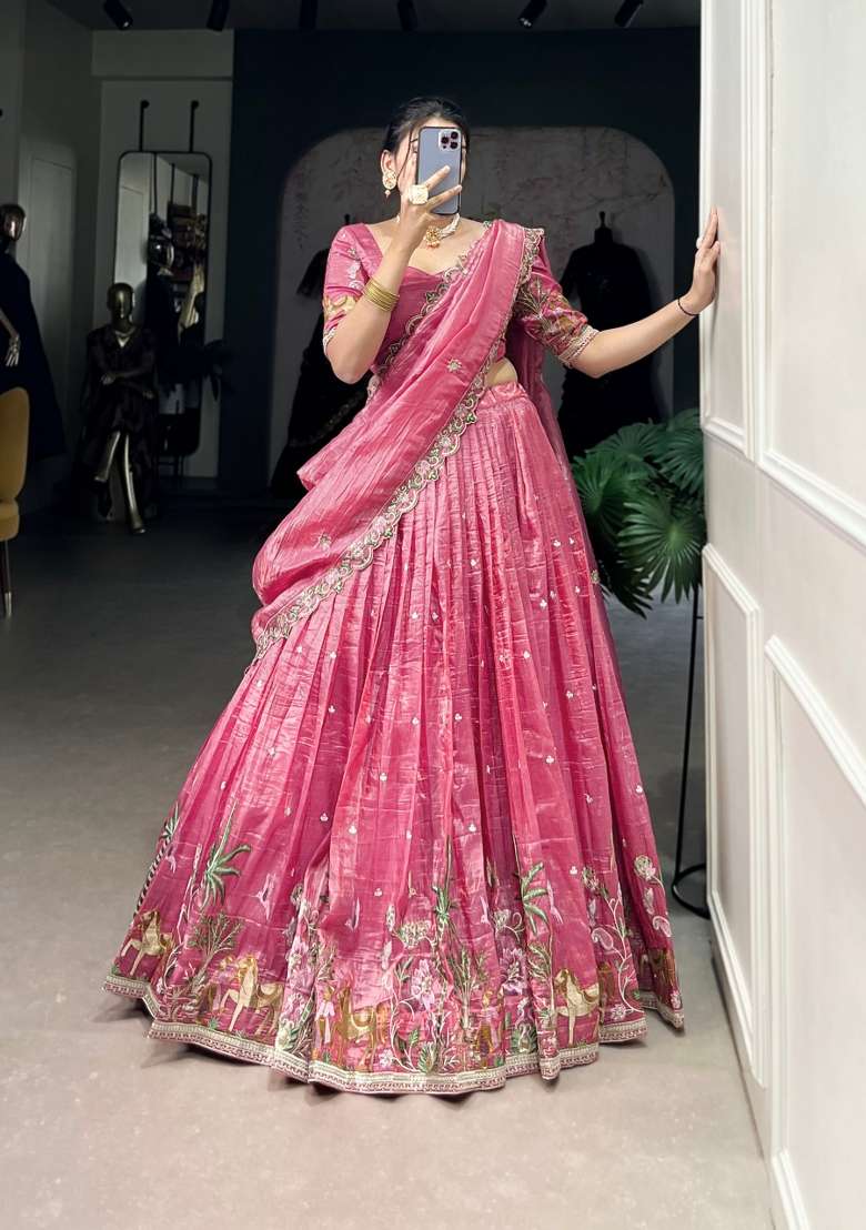 Pink Embroidered Silk Blend Lehenga Set for Diwali and Festive Wear - Indya