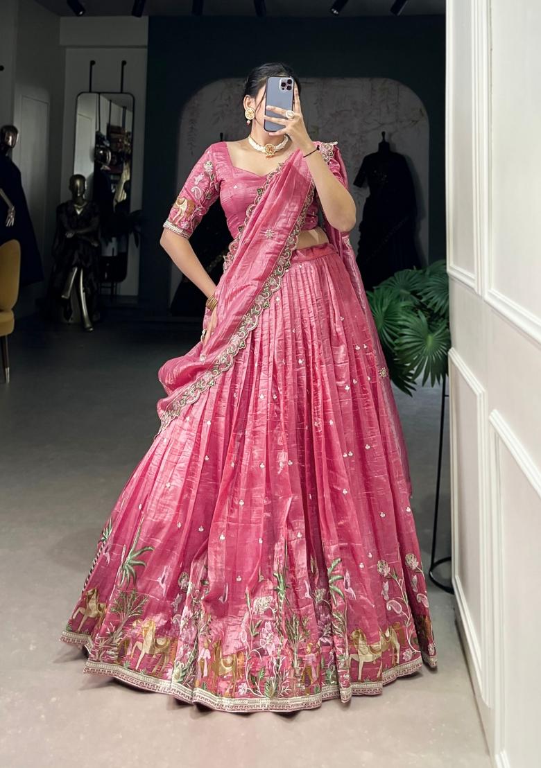 Pink Embroidered Silk Blend Lehenga Set - Indya