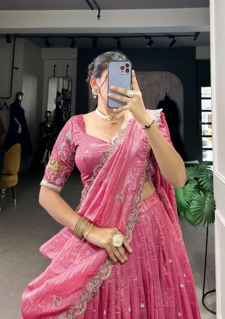 Pink Embroidered Silk Blend Lehenga Set for Diwali and Festive Wear - Indya