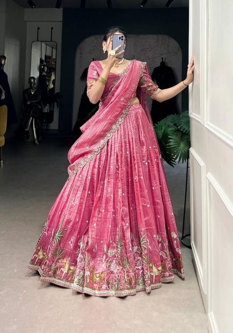 Pink Embroidered Silk Blend Lehenga Set