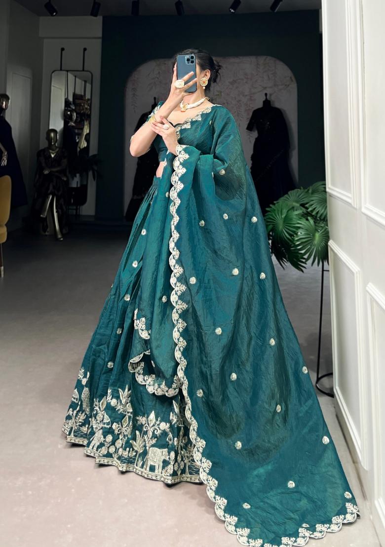 Teal Embroidered Silk Blend Lehenga Set - Indya