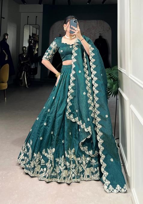 Teal Embroidered Silk Blend Lehenga Set