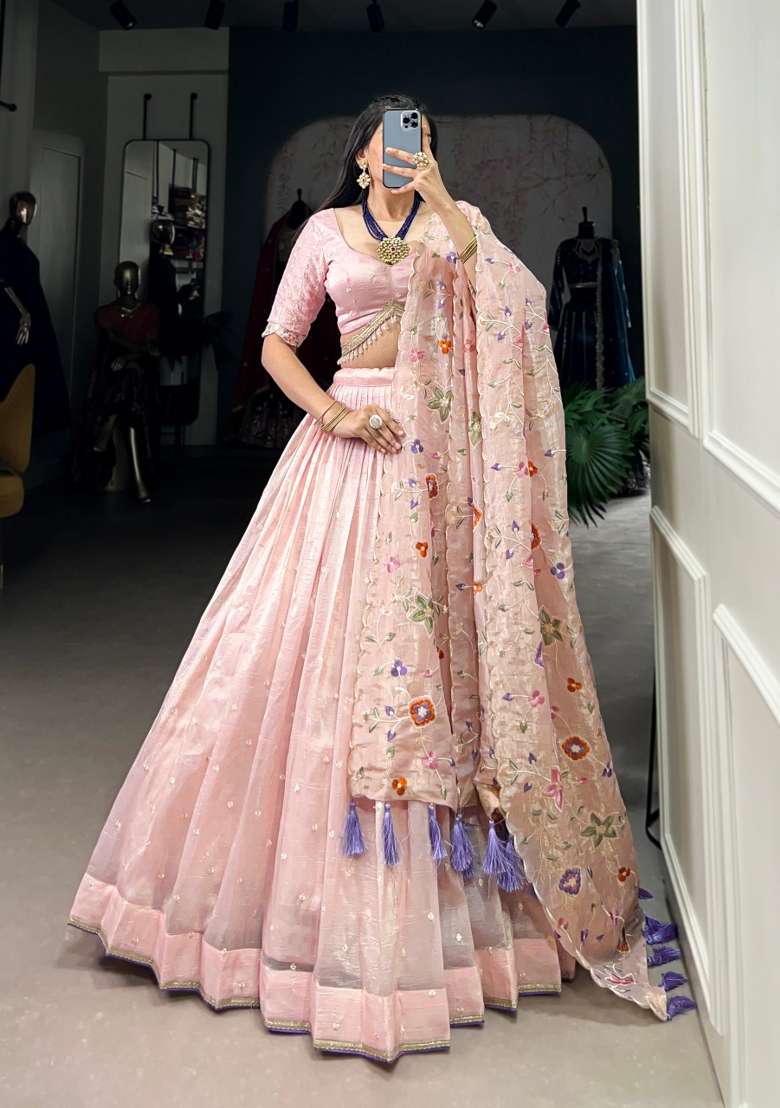 Light Pink Cotton Lehenga Set with Embroidered for Diwali | Wedding & Festive Wear - Indya