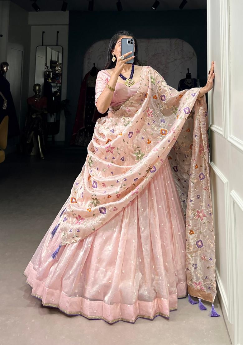 Light Pink Embroidered Cotton Lehenga Set - Indya