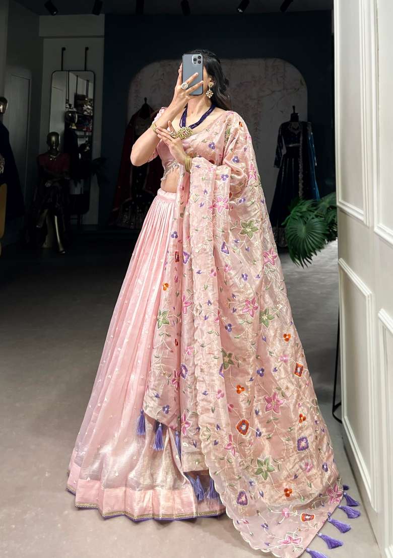 Light Pink Cotton Lehenga Set with Embroidered for Diwali | Wedding & Festive Wear - Indya