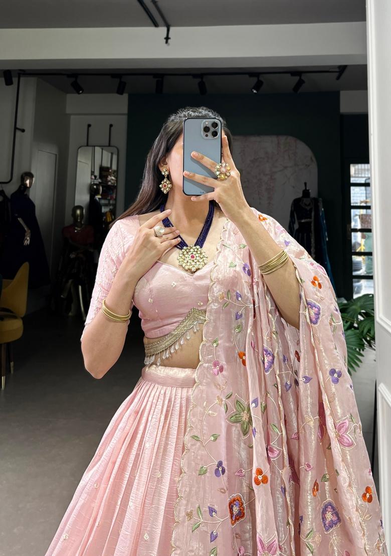 Light Pink Embroidered Cotton Lehenga Set - Indya