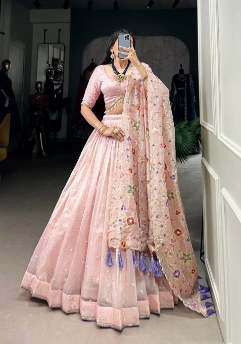 Light Pink Embroidered Cotton Lehenga Set