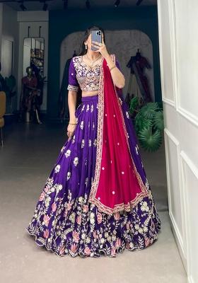 Purple Embroidered Silk Blend Lehenga Set