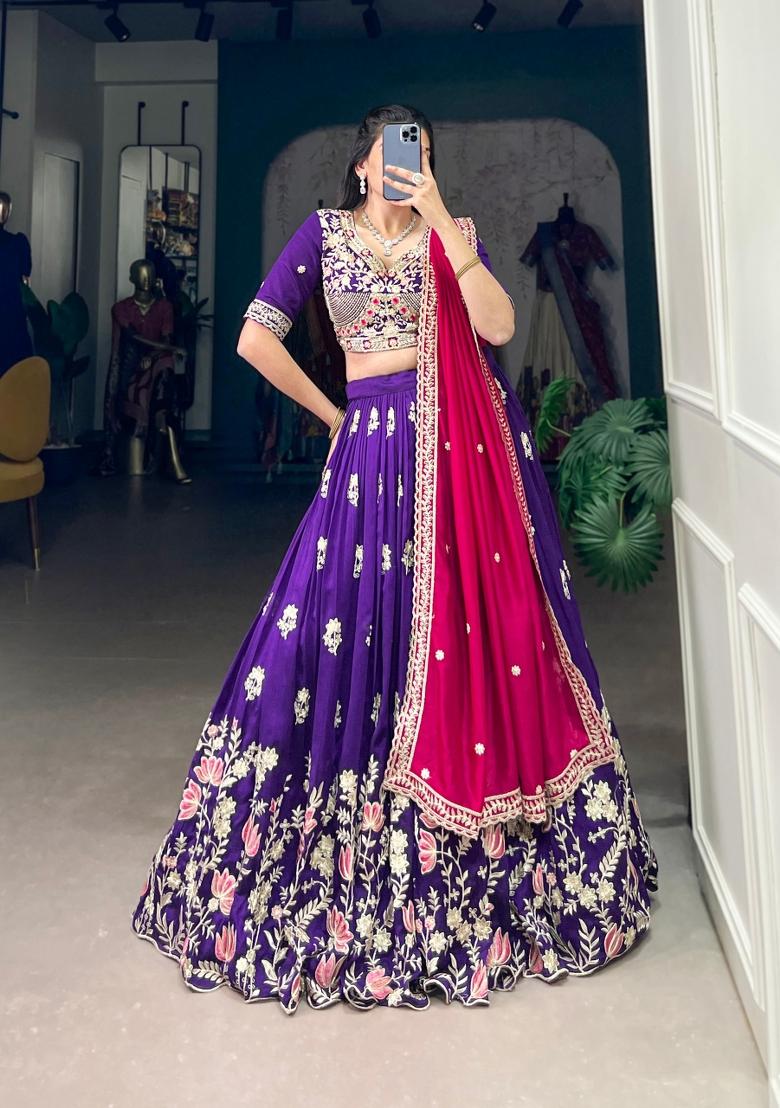 Purple Embroidered Silk Blend Lehenga Set - Indya